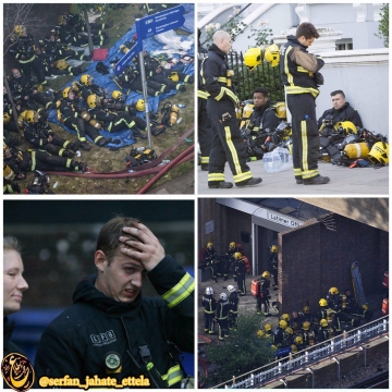 حضور آتش‌نشانان مستقر در حادثه آتش‌سوزی برج مسکونی گرانفل لندن