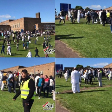 ورود یک خودرو به میان گروهی از مسلمانان که در انگلیس مشغول برگزاری جشن عید فطر بودند