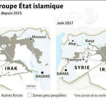 مقایسه مساحت مناطق تحت تسلط گروه تروریستی داعش در سوریه و عراق در ژانویه ۲۰۱۵ و ژوئن ۲۰۱۷ (خبرگزاری فرانسه)