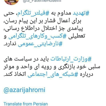فاطمه حسینی:تهدید مداوم به فیلتر تلگرام  تعطیلی کسب و کارهای تلگرامی و نارضایتی عمومی ندارد