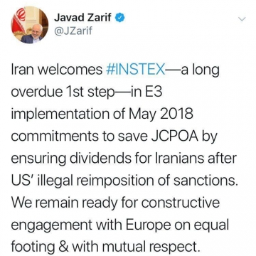 توئیت ظریف پس از اعلام ساز و کار مالی ویژه اروپا با ایران: