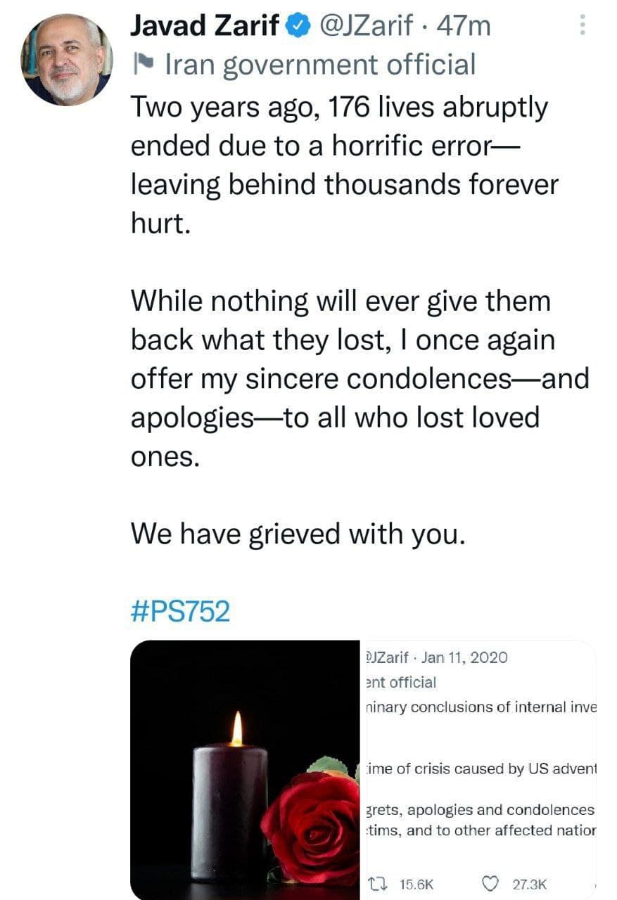 پیام ظریف به مناسبت سالگرد فاجعه هواپیمای اوکراینی: هیچ چیز عزیزان آنها را برنمی گرداند
