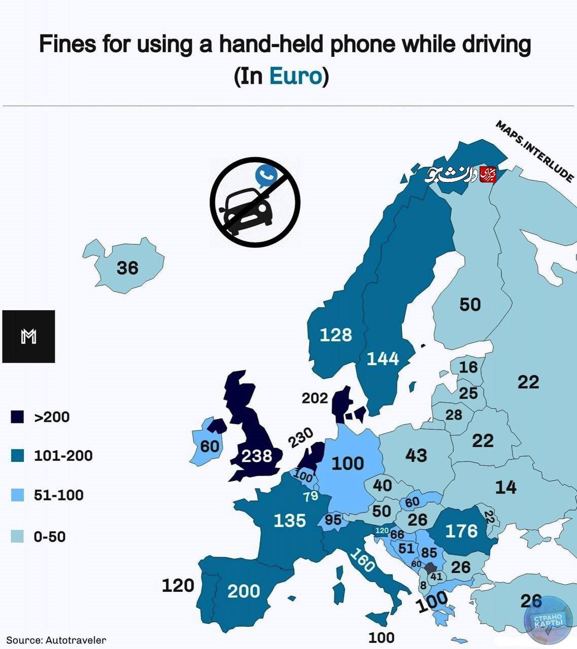 جریمه استفاده از تلفن همراه در هنگام رانندگی در در کشورهای اروپایی چند یورو است؟