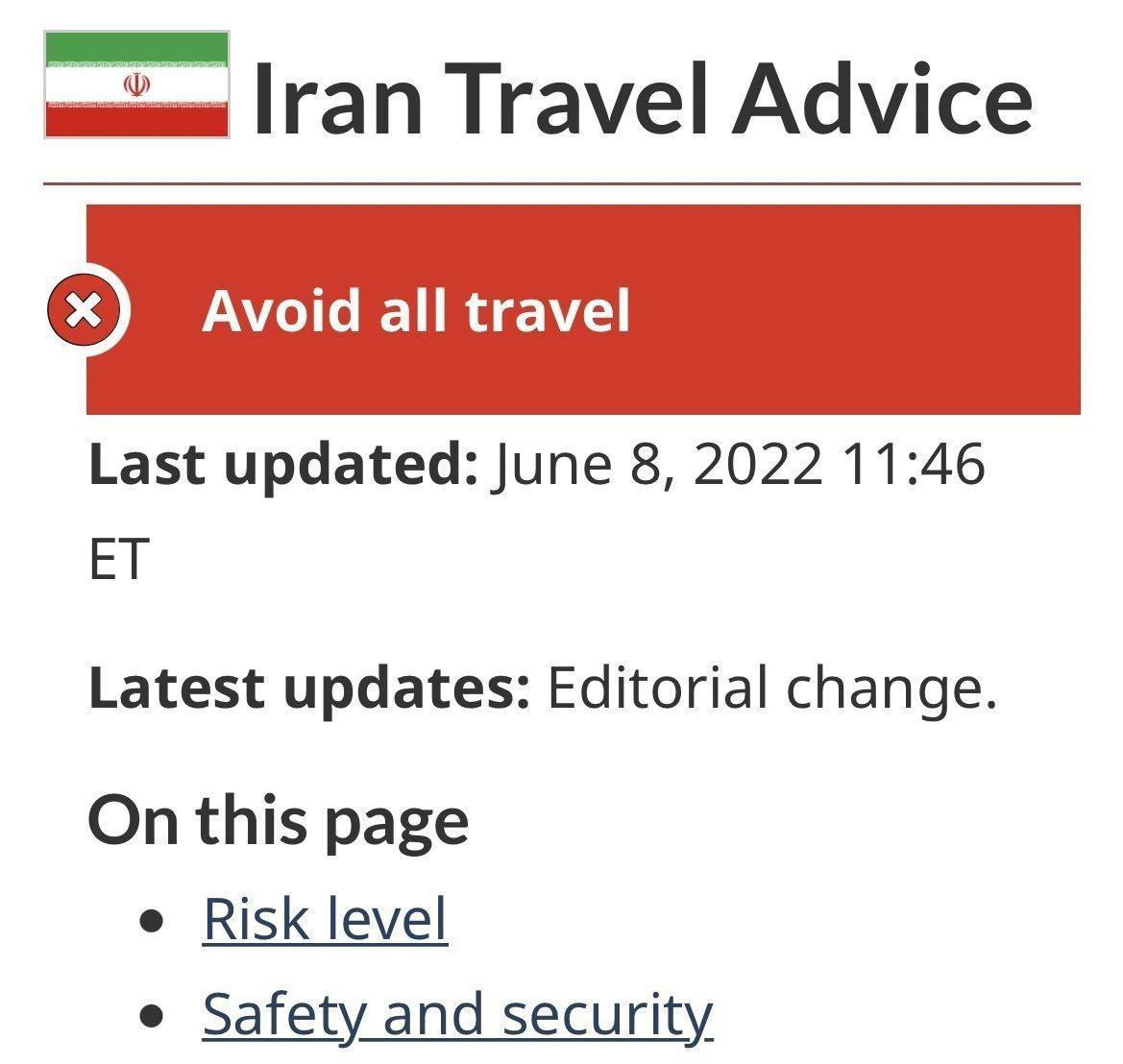 کانادا تمام سفرها به ایران رو پرریسک و ممنوع اعلام کرد
