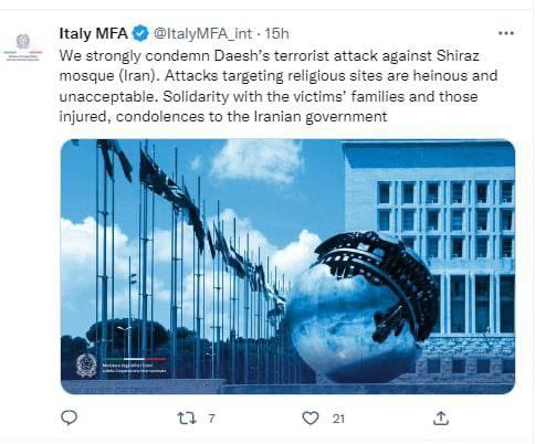 توییت وزارت امور خارجه ایتالیا در محکومیت حمله تروریستی به حرم شاهچراغ در شیراز