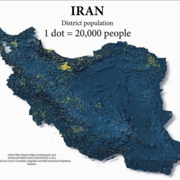 نقشه تراکم نقطه‌ای، که توزیع جمعیت در سراسر مناطق ایران را نشان می‌دهد